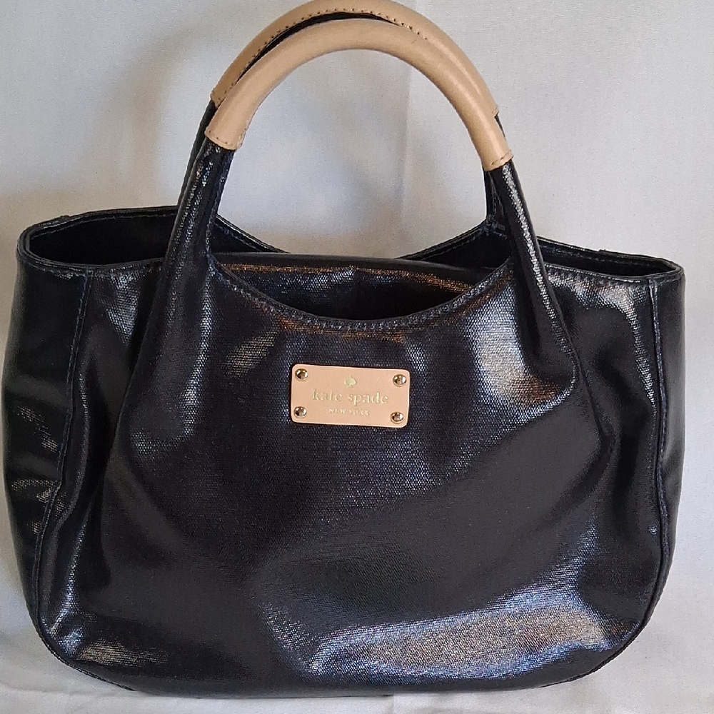 Kate Spade Shiny Black Tote with Tan Handles